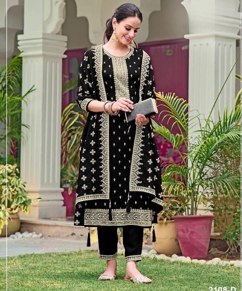 Black faux georgette semi stitched suit with embroidery & sequence work