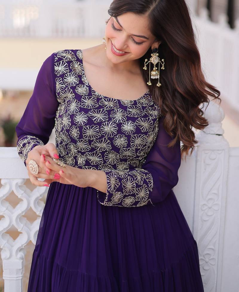 Stunning Purple Sequins Georgette Function Wear Gown