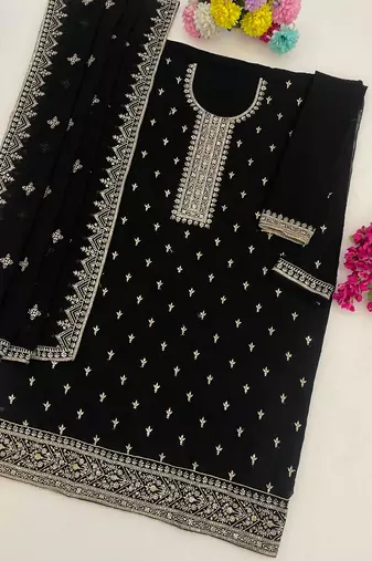 Black faux georgette suit with embroidered sequin 