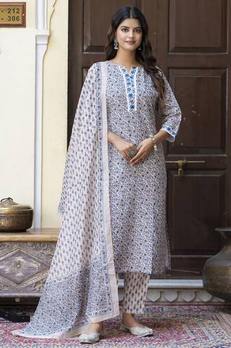 Blue color beautiful floral printed cotton blended foral rich suit