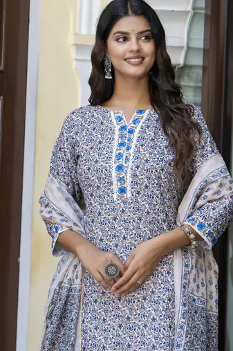 Blue color beautiful floral printed cotton blended foral rich suit