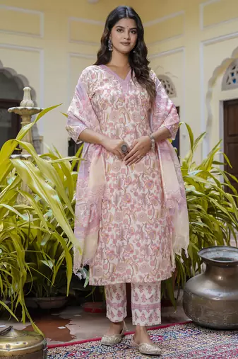 Peach color beautiful floral printed cotton blended foral rich suit