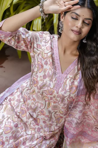 Peach color beautiful floral printed cotton blended foral rich suit