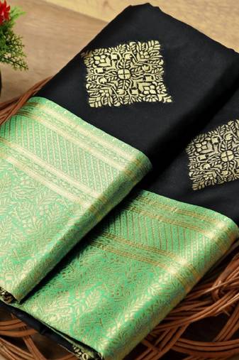 Black green soft silk blend banarasi jacuard work designer party wear saree with unstitched blouse piece