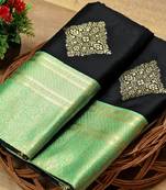 Black green silk blend banarasi saree with unstitched blouse piece