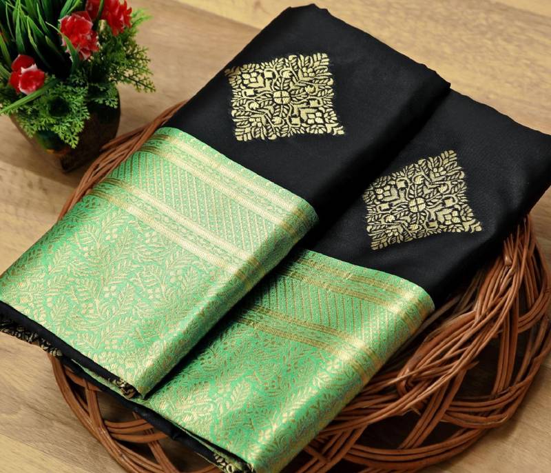 Black green soft silk blend banarasi jacuard work designer party wear saree with unstitched blouse piece