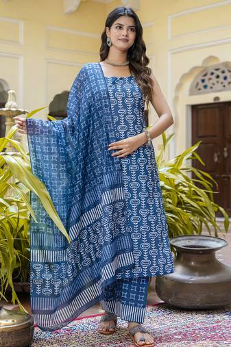 Blue color beautiful floral printed cotton blended foral rich suit