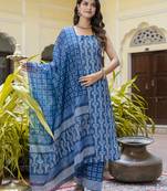 Blue color beautiful floral printed cotton blended foral rich suit
