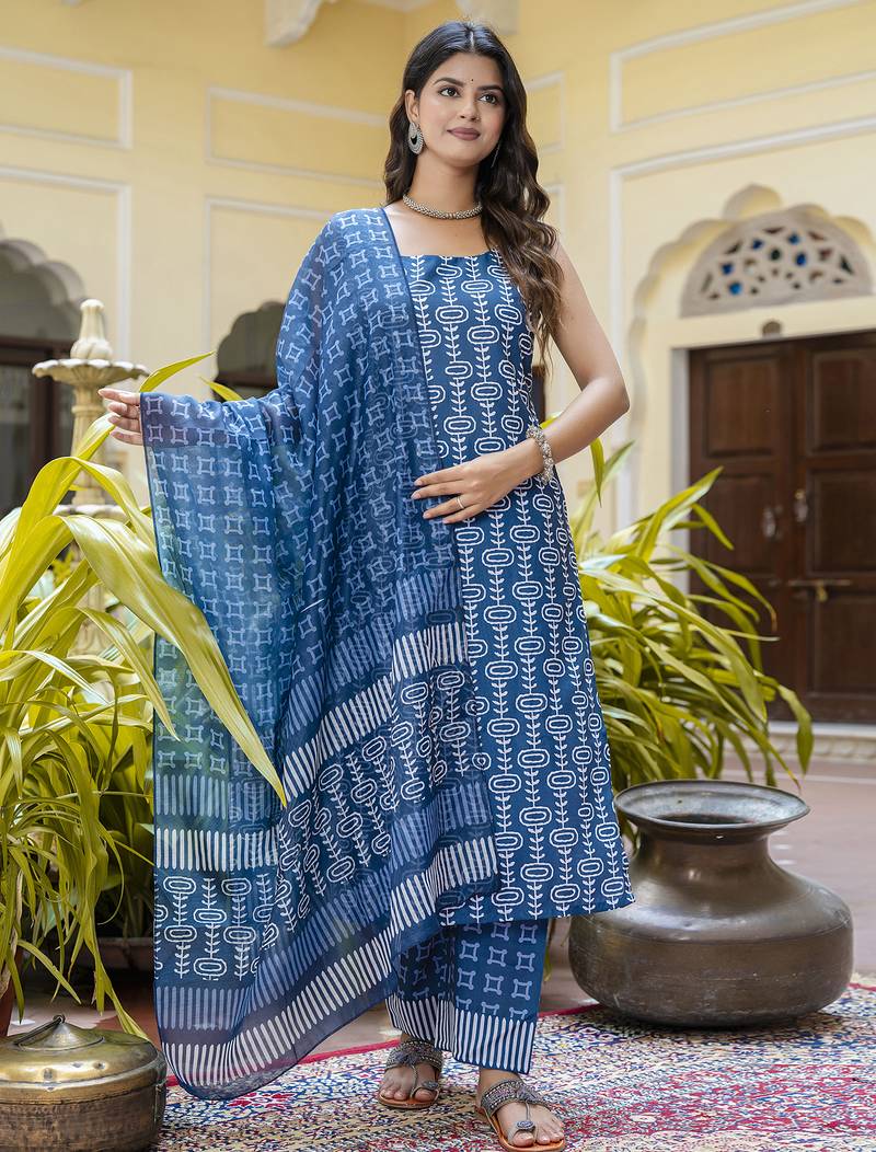 Blue color beautiful floral printed cotton blended foral rich suit