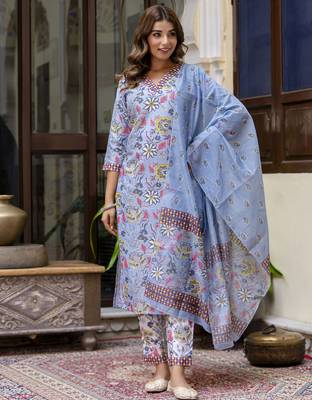 Sky blue color beautiful floral printed cotton blended foral rich suit 1
