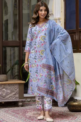 Sky blue color beautiful floral printed cotton blended foral rich suit