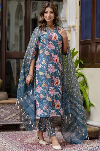 Teal color beautiful floral printed cotton blended foral rich suit