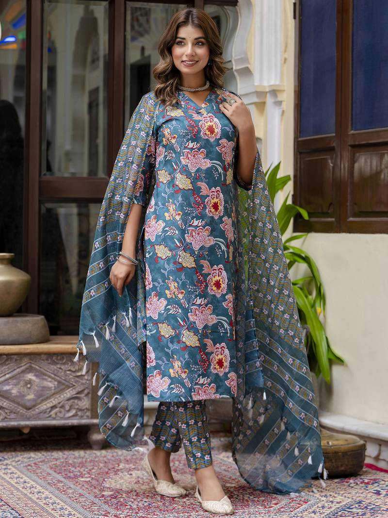 Teal color beautiful floral printed cotton blended foral rich suit