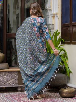 Teal color beautiful floral printed cotton blended foral rich suit 2