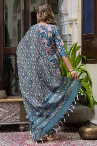 Teal color beautiful floral printed cotton blended foral rich suit
