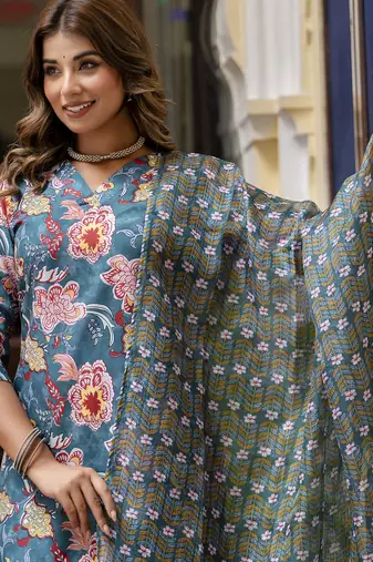 Teal color beautiful floral printed cotton blended foral rich suit
