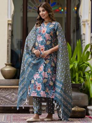 Teal color beautiful floral printed cotton blended foral rich suit 4