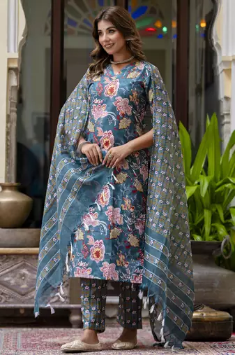 Teal color beautiful floral printed cotton blended foral rich suit