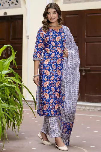 Blue color beautiful floral printed cotton blended foral rich suit