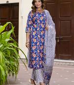 Blue color beautiful floral printed cotton blended foral rich suit