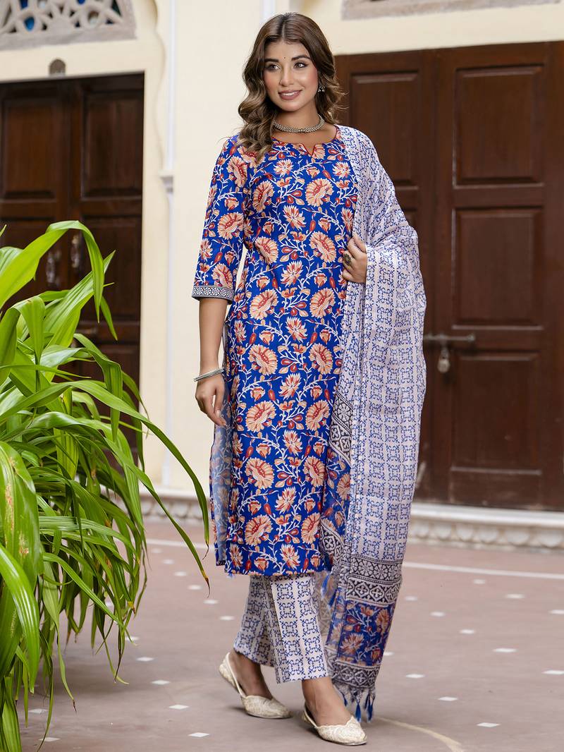 Blue color beautiful floral printed cotton blended foral rich suit