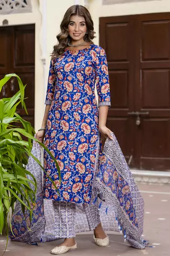 Blue color beautiful floral printed cotton blended foral rich suit