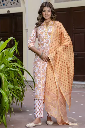 Yellow color beautiful floral printed cotton blended foral rich suit