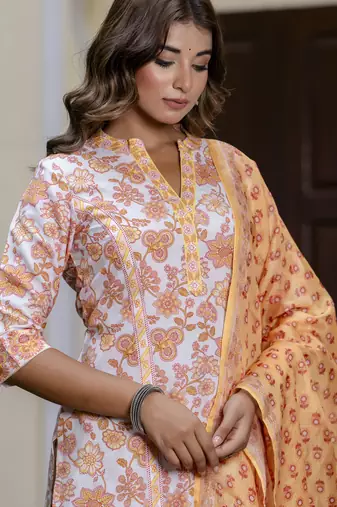Yellow color beautiful floral printed cotton blended foral rich suit