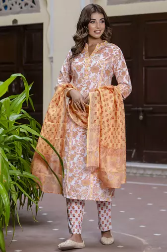 Yellow color beautiful floral printed cotton blended foral rich suit