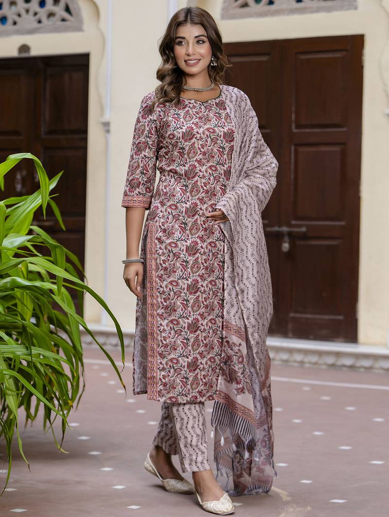 Maroon color cotton blended designer floral printed ethnic partywear suit