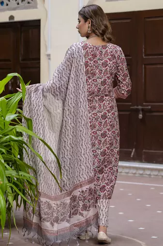 Maroon color cotton blended floral printed partywear suit