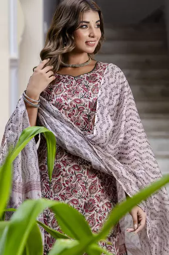 Maroon color cotton blended floral printed partywear suit