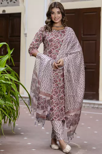 Maroon color cotton blended floral printed partywear suit