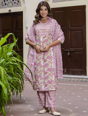 Purple color cotton blended floral printed partywear suit 1