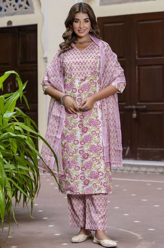 Purple color cotton blended designer floral printed ethnic partywear suit