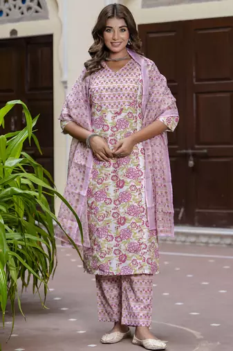 Purple color cotton blended designer floral printed ethnic partywear suit