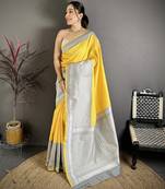 Yellow soft silk intricate geomatric kanjivaram silver weaving saree