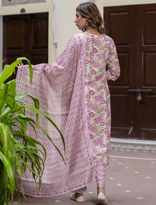 Purple color cotton blended floral printed partywear suit 2