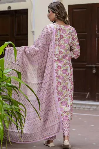 Purple color cotton blended floral printed partywear suit