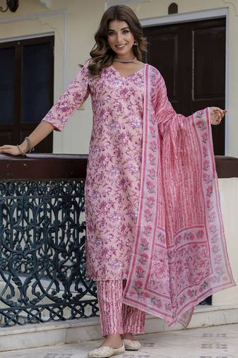 Purple color cotton blended designer floral printed ethnic partywear suit