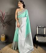 Mint green soft silk intricate geomatric kanjivaram silver weaving saree