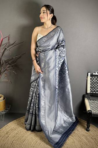 Blue soft silk floral motifs kanjivaram silver weaving saree