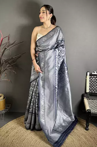 Blue soft silk floral motifs kanjivaram silver weaving saree