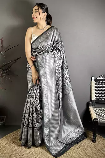Black soft silk floral motifs kanjivaram silver weaving saree