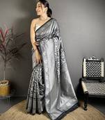 Black soft silk floral motifs kanjivaram silver weaving saree