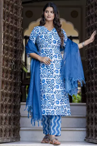 Blue color cotton blended designer floral printed ethnic partywear suit