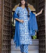 Blue color cotton blended designer floral printed ethnic partywear suit