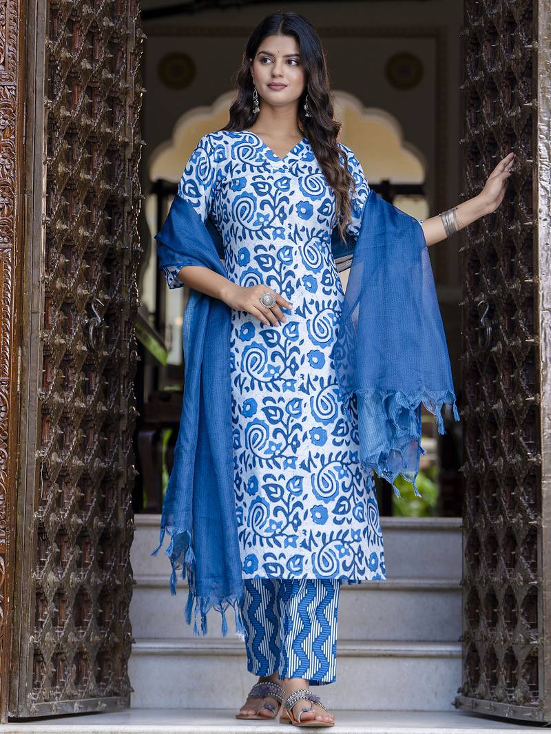 Blue color cotton blended designer floral printed ethnic partywear suit