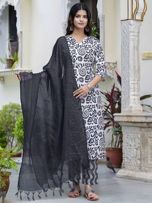 Black color cotton blended floral printed partywear suit 1