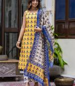 Yellow color cotton blended designer floral printed ethnic partywear suit